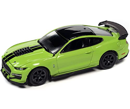 2020 Ford Shelby GT500 Carbon Fiber Track Pack Grabber Lime Green w/Black Stripes & Black Top Ltd Ed 1/64 Diecast Model Car by AutoWorld 64362-AWSP100 A