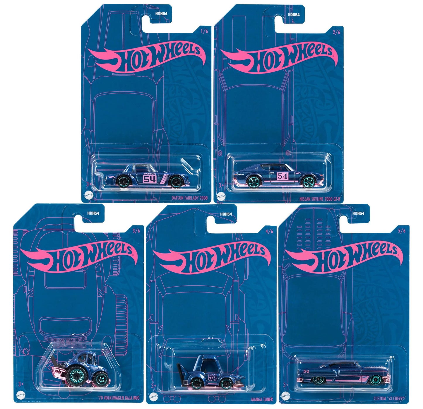 1/64 Hot Wheels 2022 Pearl and Chrome 54th Anniversary Complete Set of 5 Diecast Vehicles