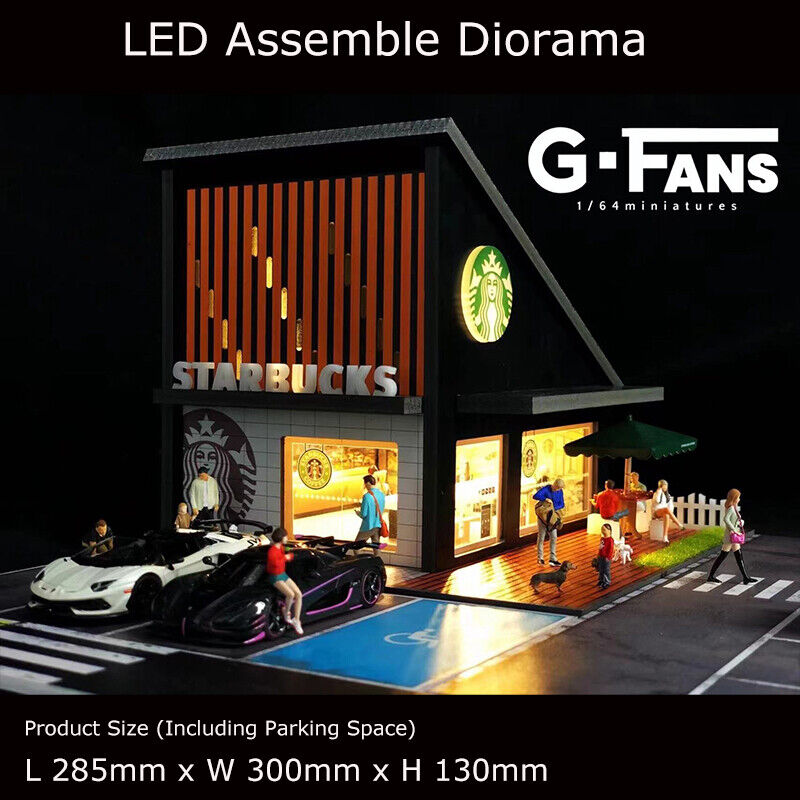 G-FANS 1:64 Assemble Diorama LED Lighting Vehicle Parking Lot Gifts-Starbucks Coffee Store
