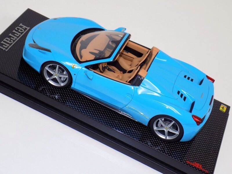 1/18 MR Collection Ferrari 458 Spider Baby Blue Black Wheels on Carbon Base $1084.95 ModelCarsHub