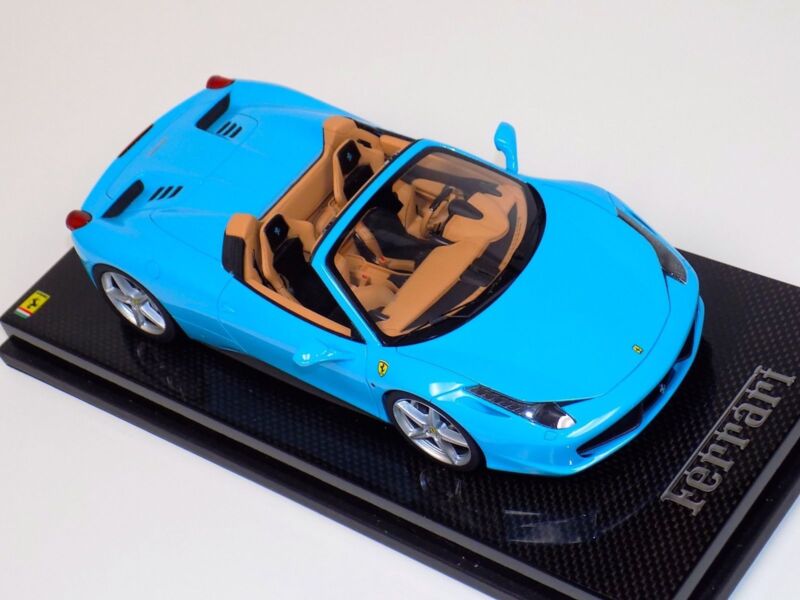1/18 MR Collection Ferrari 458 Spider Baby Blue Black Wheels on Carbon Base $1084.95 ModelCarsHub