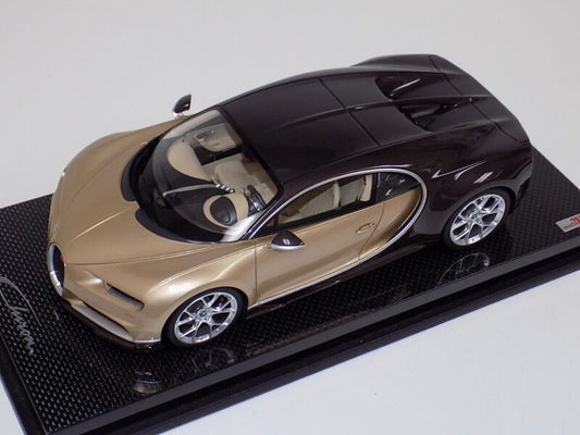 1/18 MR Collection Bugatti Chiron in Gold and Brown Carbon Fiber on Carbon Base $929.95 ModelCarsHub
