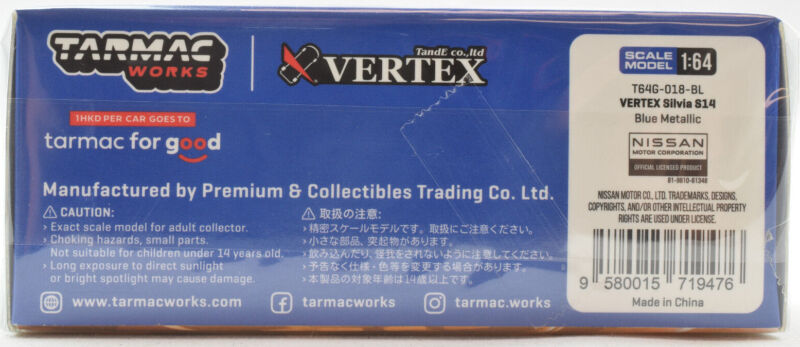 Tarmac Works GLOBAL64 Blue Metallic VERTEX Nissan Silvia S14 1:64 Scale Diecast Car