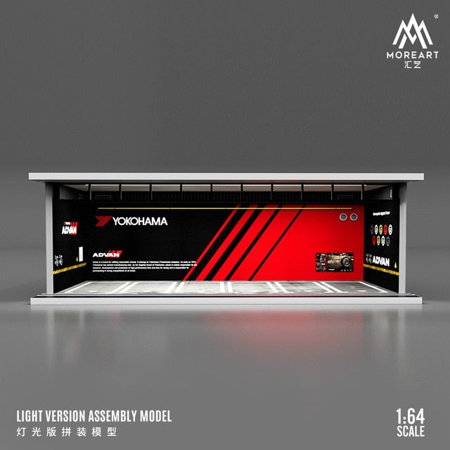 Moreart 1:64 Gulf / Hks /Michelin /advan Parking Garage Assembled Scene Diorama With Light - Railed/motor/cars/bicycles