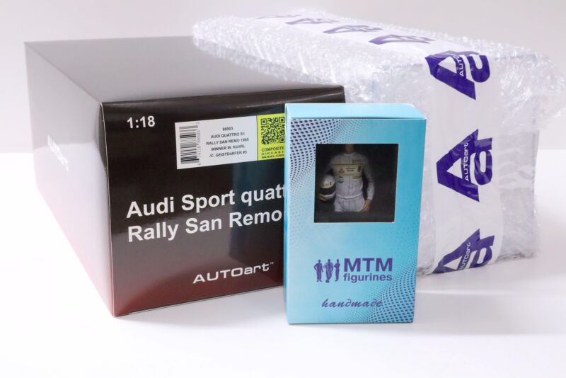 1/18 AUTOart Audi Sport Quattro S1 San Remo #5 Röhrl Special Set Figur + Display