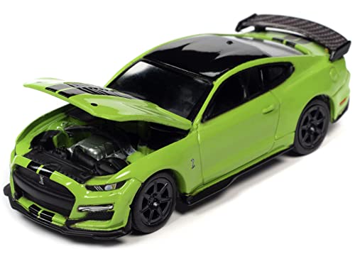 2020 Ford Shelby GT500 Carbon Fiber Track Pack Grabber Lime Green w/Black Stripes & Black Top Ltd Ed 1/64 Diecast Model Car by AutoWorld 64362-AWSP100 A