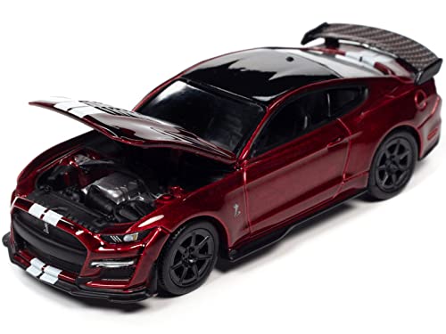 2020 Ford Shelby GT500 Carbon Fiber Track Pack Rapid Red Met. w/White Stripes & Black Top Ltd Ed 1/64 Diecast Model Car by AutoWorld 64362-AWSP100 B