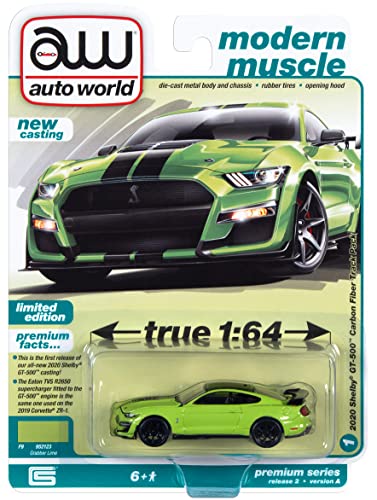 2020 Ford Shelby GT500 Carbon Fiber Track Pack Grabber Lime Green w/Black Stripes & Black Top Ltd Ed 1/64 Diecast Model Car by AutoWorld 64362-AWSP100 A