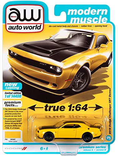 Auto World Diecast, 2018 Dodge Challenger SRT Demon Yellow Jacket & Black Limited Edition to 14408 Pieces Worldwide 1/64 Diecast Model Car by Autoworld 64312AWSP068 B