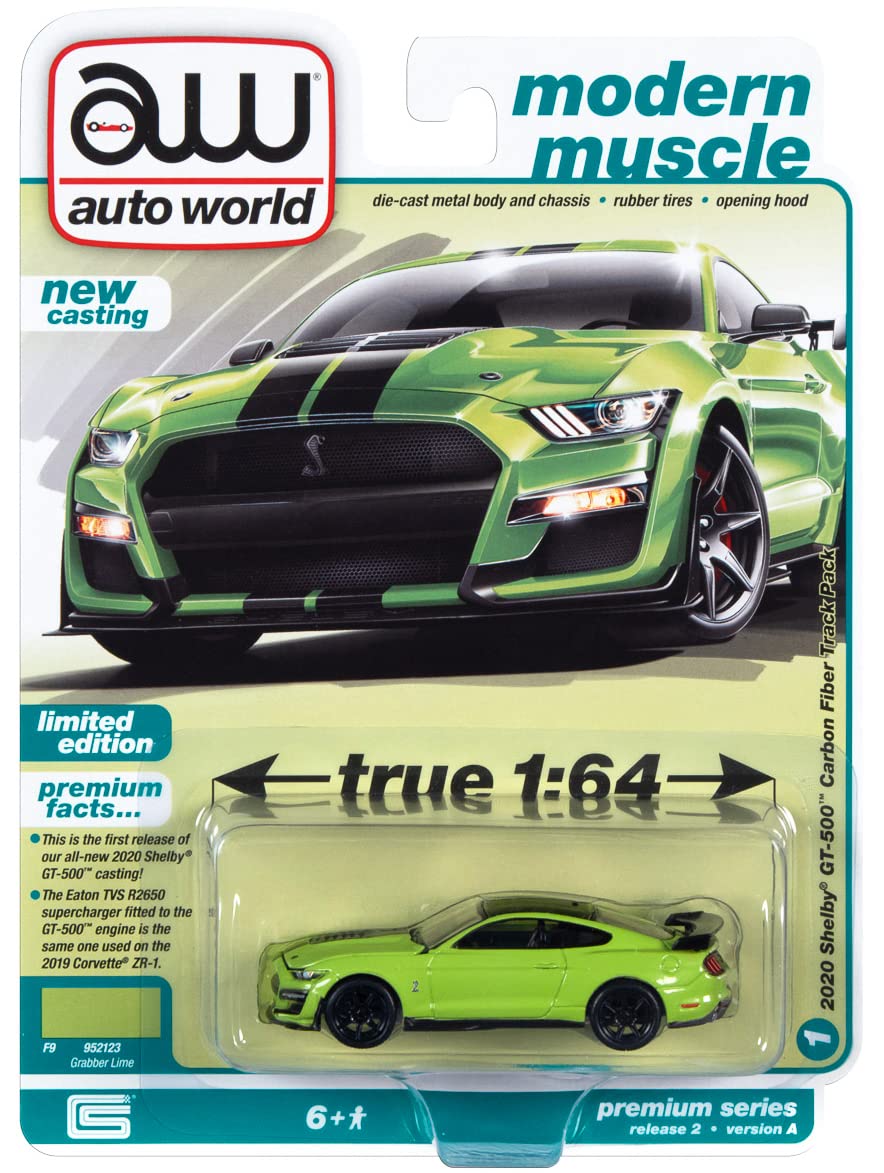 2020 Ford Shelby GT500 Carbon Fiber Track Pack Grabber Lime Green w/Black Stripes & Black Top Ltd Ed 1/64 Diecast Model Car by AutoWorld 64362-AWSP100 A