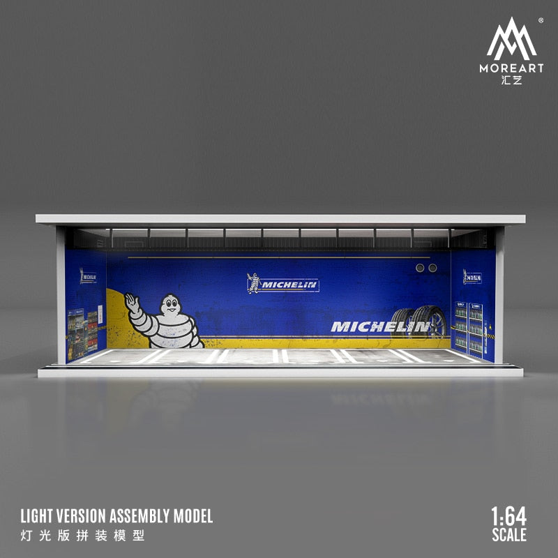 Moreart 1:64 Gulf / Hks /Michelin /advan Parking Garage Assembled Scene Diorama With Light - Railed/motor/cars/bicycles