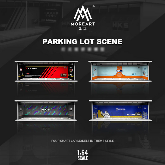 Moreart 1:64 Gulf / Hks /Michelin /advan Parking Garage Assembled Scene Diorama With Light - Railed/motor/cars/bicycles