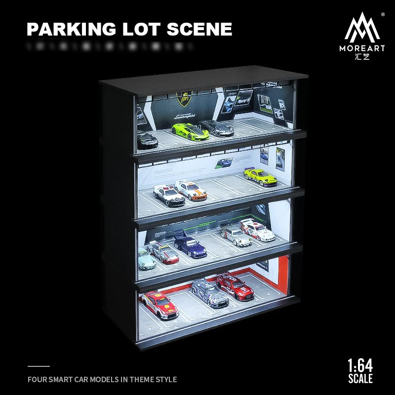 Moreart 1:64 Gulf / Hks /Michelin /advan Parking Garage Assembled Scene Diorama With Light - Railed/motor/cars/bicycles