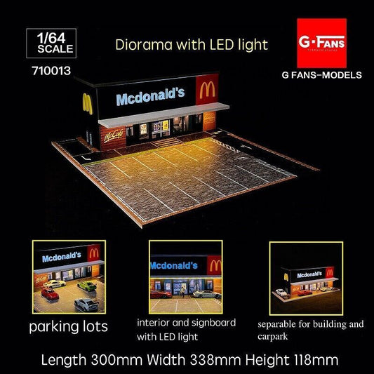 New G-FANS 1:64 Diorama with LED Light KFC/McDonald's w/Parking Lots