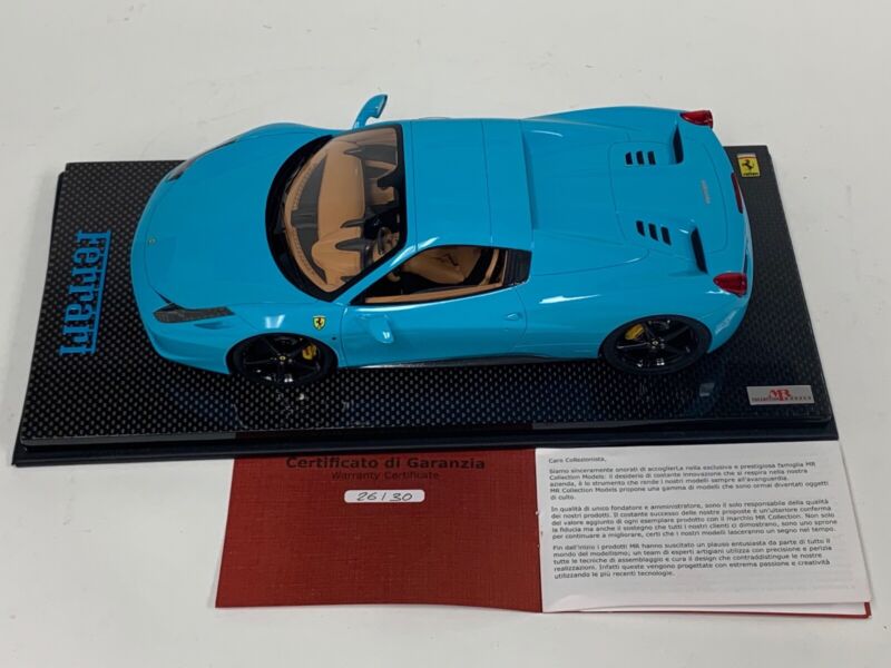 1/18 MR Collection Ferrari 458 Spider Hard Top Baby Blue Carbon Base $1084.95 ModelCarsHub
