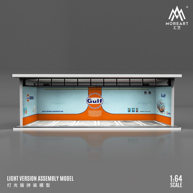 Moreart 1:64 Gulf / Hks /Michelin /advan Parking Garage Assembled Scene Diorama With Light - Railed/motor/cars/bicycles