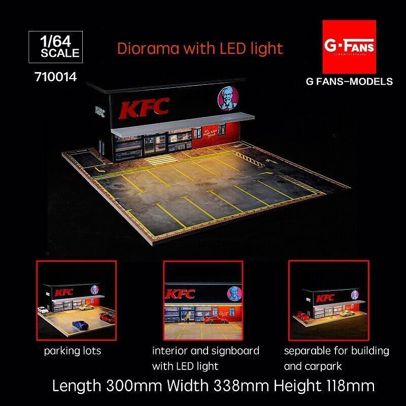 New G-FANS 1:64 Diorama with LED Light KFC/McDonald's w/Parking Lots