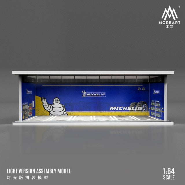 Moreart 1:64 Gulf / Hks /Michelin /advan Parking Garage Assembled Scene Diorama With Light - Railed/motor/cars/bicycles